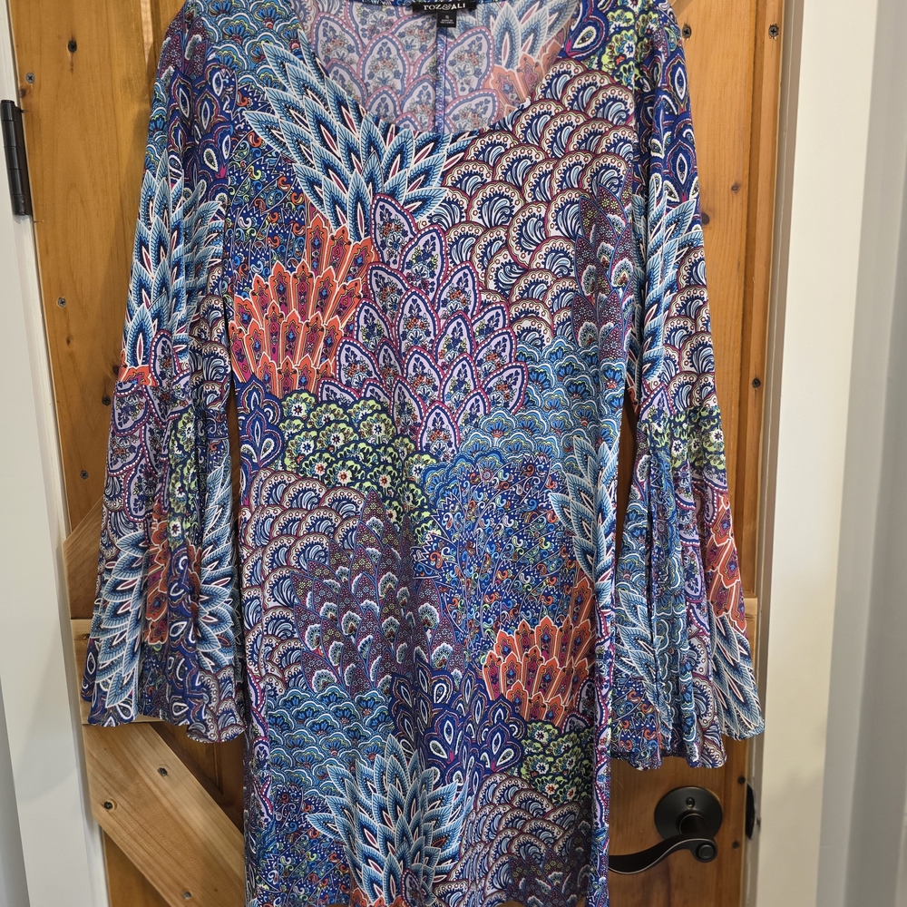 Roz & Ali Multicolor Paisley-Print Bell-Sleeve Dress - Blue, Purple, Orange